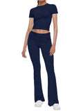 Short Sleeve Cropped Top Fold-over Flare Pants Set-Outfit