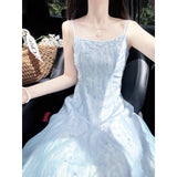 Vacation Light Blue Mesh Sling Dress Women's New Gentle Wind White Beach Floral