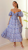 Summer New Holiday Leisure Printing Waist Bubble Sleeve Dress Dress