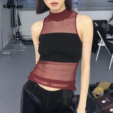 Grunge Patchwork Tank Top Hollow Out Turtleneck Knitted Vest Y2k Aesthetics Harajuku Tanktop Korean Style Sleeveless