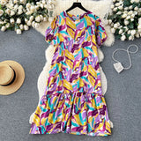 Dress Women's 2024 Summer Dress New Loose Leisure Fashion Print Medium-Long Bubble Sleeve Holiday Dress-Outfit