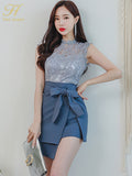 Han Queen Hot sale Summer Korean New OL Elegant Lace Hollow Out Tops + Bow Bandage Bodycon Mini Skirt 2 Pieces Suits Sexy Set-Outfit