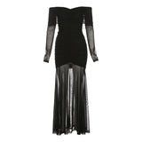 Autumn And Winter New Women's Pure Color Temperament Sexy Word High Waist Waist Dress Dress