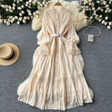 Court Retro Elegant Dress Women's Collar Horn Sleeves To Close Single Buckle Lace Splicing Large Swing
