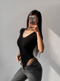 Trend Women's Wear Summer New V-Collar Short-Sleeved Jumpsuit Sexy Tight Open-File Jumpsuit Top-Outfit
