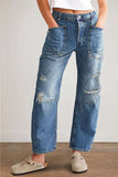 New Retro Hole Straight Trousers Casual Splicing Trousers Loose Jeans