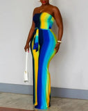 Women's Summer Bandeau Sleeveless Jumpsuits with Belt Non-Stretch Ombre Tie Dye Tied Detail Straight Leg Female