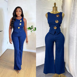 Temperament Design Sense Metal Buckle Round-Neck Sleeveless Vest + High-Waist Broad-Legged Trousers Denim Set Of