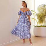 Summer New Holiday Leisure Printing Waist Bubble Sleeve Dress Dress