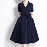 Fine-Cooked High-End Collar Short-Sleeved Long Dress Temperament Strap Solid Color To Close The Waist Sister Thin Women's