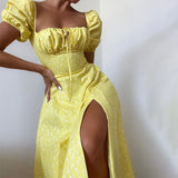 Toloer Women's New Floral Square Collar Sexy Slit Big Swing Autumn And Winter Dress