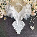 Women Girl Soild V Neck Mesh Ruffle Lotus Leaf Sleeve Bodysuits Swim Beach Holiday Bodysuit Rompers