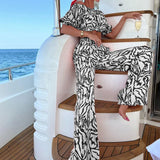 Toloer 993 Spot Women's Wear Autumn 2024 New One-Line Shoulder Short-Sleeved Top Print Pants Suit Two Sets-Outfit