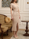 Multi-Clause Dress Knitted Solid-Colored Short-Sleeved Retro Elegant Knitted-Up-Buttoned Dress