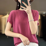 Toloer Line Of Clothing Worsted Short Sleeve Female Round Collar Loose Thin Bat Sleeve Vest Shirt Hollow Out Outside The Hair-Outfit