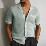 Men's Sexy Hollow Men's Knitted Summer Cuban Collar Short-Sleeved Polo Shirt