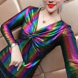 Glossy Contrasting Colors Slim T-shirt 2023 Spring Autumn Long Sleeve Female Clothing Sexy V-Neck Stylish Folds