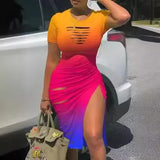Toloer Sexy Round Collar Short Sleeve Slit Pleated