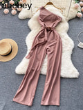 Women Satin Jumpsuit Summer Irregular V Collar Sleeveless Sexy Streetwear Strap dress Elegant Wide Leg Romper