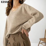 Basic Thick Loose v-neck oversize Sweater Pullover Women Autumn winter Casual long Sleeve Sweater For women Chic Jumpers