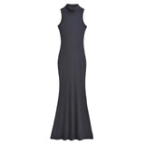 Trendy Women's Dress Is Full Of Style, Elastic, Slim, Half-High Collar, Sleeveless Vest, Long Skirt, Buttocks, Fishtail Dress-Outfit