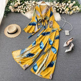 Vacation Beach Two Piece Set Women Sexy V-Neck Bandage Short Tops + High Waist Split Wide Leg Pant Suit Spring