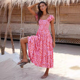 Summer Women's Flower Printed Bohemia Dress Short Sleeves Collared
