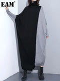 Women Color-block Knitting Big Size Long Dress New Turtleneck Long Sleeve Loose Fit Fashion Spring Autumn 2023