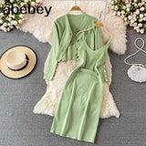 Botton Knitted Women Sets Loose Long Sleeves Cardigan+ Solid Elastic Dress French Style Casual Two Piece