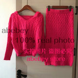 Thick Knitted Set Women Long Sleeve Short Hooded Sweater+Sexy Bodycon Skirts New Autumn Winter Two Piece