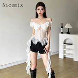 Girl White Lace Spliced Strap Tank Top Women Camisole Summer New Korean Irregular Slimming Ruffle Hollow Out Sexy Tops-Outfit
