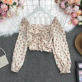 New Spring Fashion All-match square collar puff sleeve Shirt drawstring ruched Long Sleeve Shirt