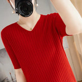 Toloer The Summer Of 2024, Women's Knit Short Sleeve Korean V-Neck Solid Color T-Shirt And A Pit Top-Outfit