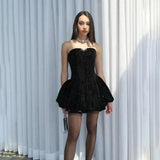 Sequin Strapless Puff Skirt Mini Dress-Outfit