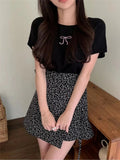 Round Neck Bow Print Short Sleeved Knitted Top-Outfit