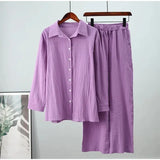Linen Wide Leg Pants Set Two Piece Set Women Vintage Boho Maxi Shirt Autumn Holiday Loose Work Streetwear Y2k Outfits-Outfit