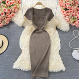 Thin Collar Knitted Dress Short Sleeve 2025 Summer New Temperament Sexy Hot Ass Long