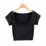 Summer New INS Tight Square Collar Short-Sleeved T-Shirt With Bottom Ultra-Short Exposed Collarbone High Waist Navel Blouse-Outfit