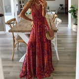Toloer 2023 Bohemian Style New Condole Dress High Waist V Neck Print Floral Dress Women's Wear-Outfit