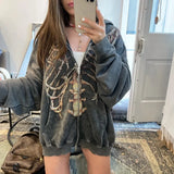 2022 Korean style Streetwear Skeleton harajuku zip-up loose skull print goth long sleeve hooded coat retro shirt student girl