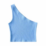 Toloer Autumn / Winter Ebay Sleeveless Diagonal Shoulder Vest Female Ins Fashion Wear A Slim Open Shoulder Short Crop Top-Outfit