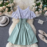 Women Dress Dot Patchwork Bow Tie V Neck Sexy Strapless Vestidos Femme Stretch High Waist A-line Dresses 2022 New