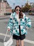 2022 Korean Fashion Jacket Women Winter Short Parkas Print Hooded Thicken Warm Female Snow Wear Coat Padded Loose