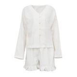 Toloer Women's Summer New Set Beige Long Sleeve Loose Casual Shirt High Waist Shorts Two-Piece Set-Outfit