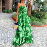 Toloer Spot 2024 Women's Fashion Holiday Wind Strap Top Print Flounce Skirt Two-Piece Set-Outfit