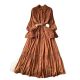 Court Retro Elegant Dress Women's Collar Horn Sleeves To Close Single Buckle Lace Splicing Large Swing