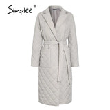 Simplee Fashion female winter windproof jacket Casual sashes women winter parka Long straight coat with rhombus pattern