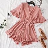 Women Rompers casual wide leg pants overalls short sleeve v neck solid playsuits summer beach chiffon ruffle