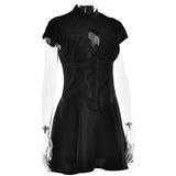 Short Sleeve Satin Hollow Out Mini Dress-Outfit