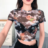 Toloer Women's Cheruel Print Gauze Short Long Sleeve T-Shirt Top Four-Leaf Clover Print